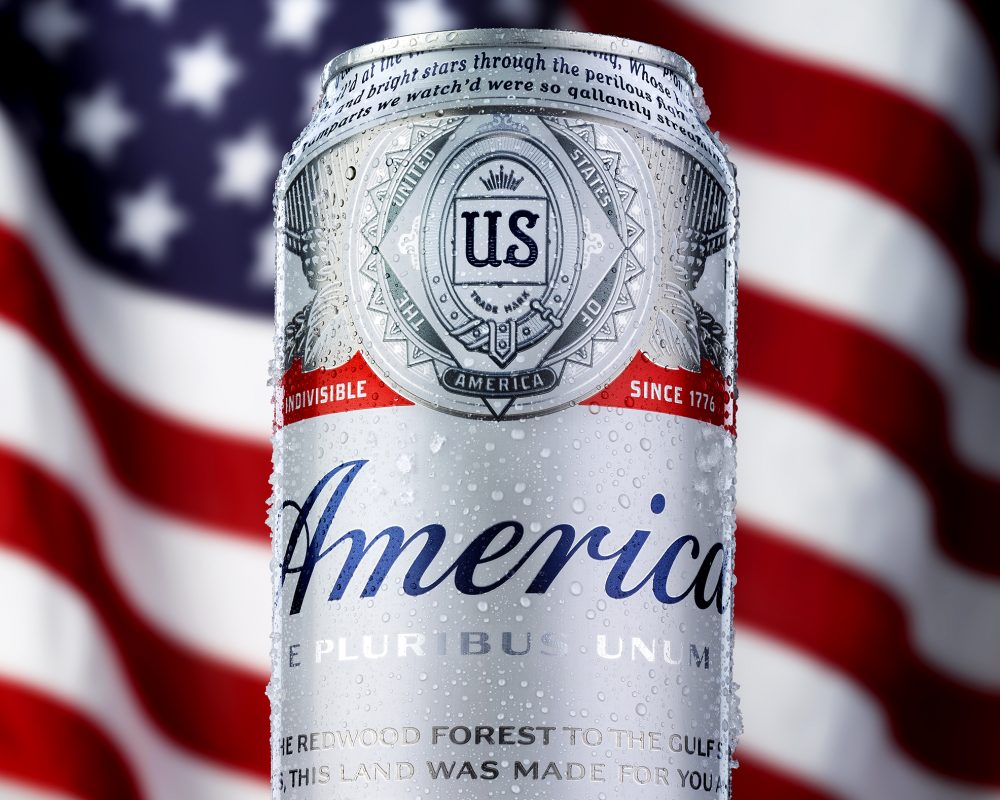 Budweiser beer can and American flag photo by Jens Johnson Photography. Premium food, beverage, and product photography for Connecticut and New York.