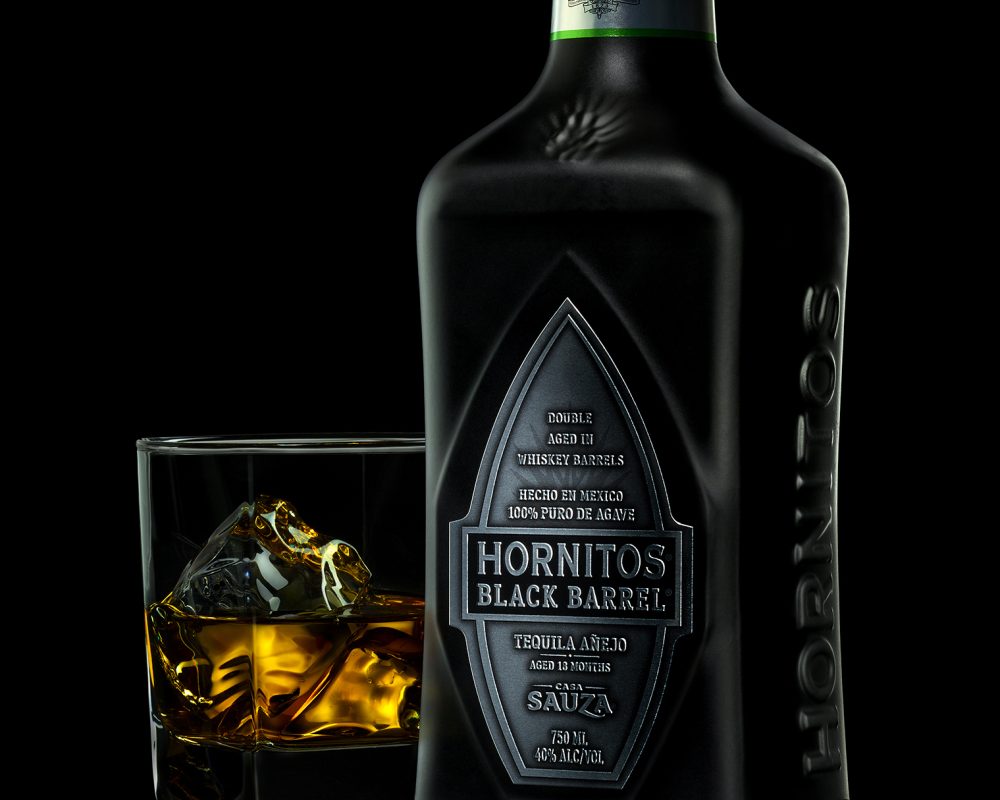 Hornitos Black Barrel bottle and glass photo by Jens Johnson Photography. Premium food, beverage, and product photography for Connecticut and New York.