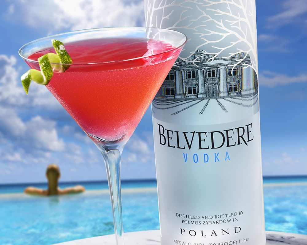 Belvedere Vodka Martini on a beach photo by Jens Johnson Photography. Premium food, beverage, and product photography for Connecticut and New York.