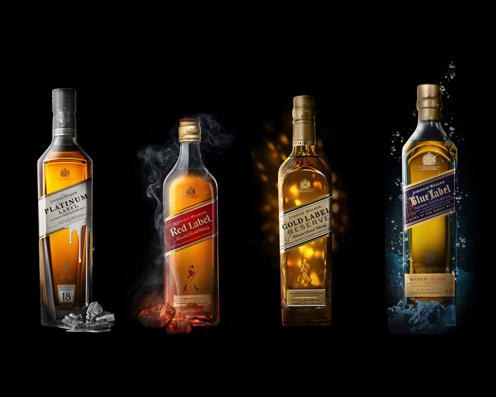 Johnny Walker lineup photo including Johnny Walker Blue, Black, Red, Platinum, and Gold by Jens Johnson Photography. Premium food, beverage, and product photography for Connecticut and New York.