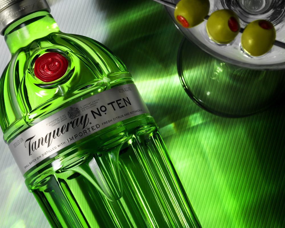 Tanqueray 10 and martini glass overhead photo by Jens Johnson Photography. Premium food, beverage, and product photography for Connecticut and New York.